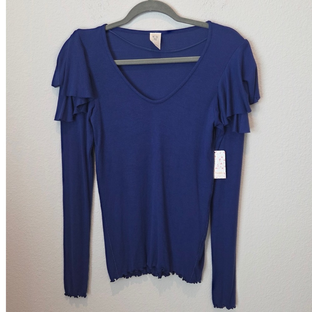 We The Free People Ruffle Long Sleeve V Neck Top Ribbed Knit Blue Medium M - Picture 9 of 12
